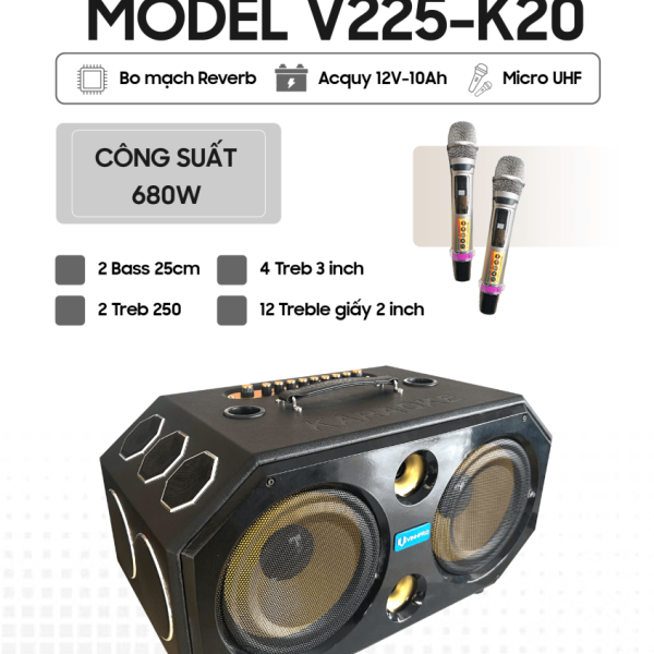 Loa Xách Tay VinhPro V-225K20, Công suất lên đến 680W [BH 12 tháng]