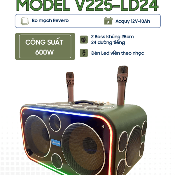 Loa Xách Tay VinhPro V225-LD24, Công suất lên đến 600W Tích hợp đèn LED [BH 12 tháng]